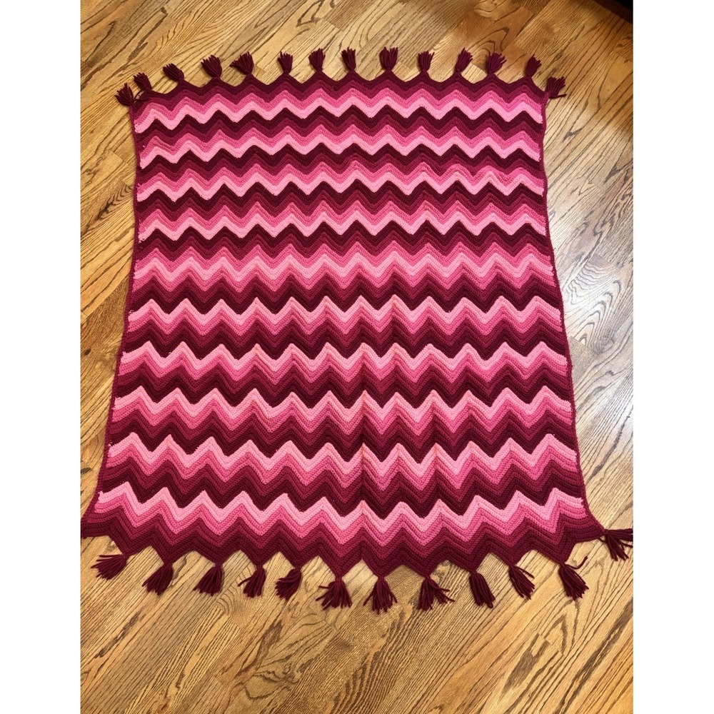 Handmade Crochet Chevron Afghan Throw Blanket Pink Tassel‎ Fringe 50x50 Vintage